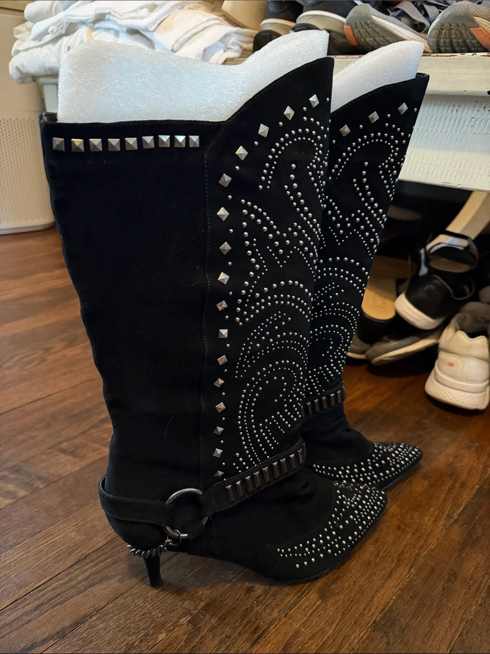 ASHRO Women’s 12M Black Studded Western Cowboy Tall Boots Pointed Toe